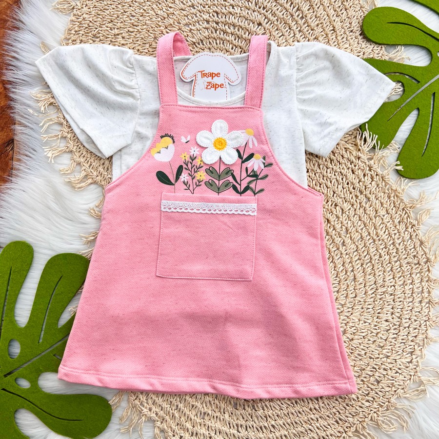 Conj. Blusa em Linho e Salopete com Flores - Rosa e Areia